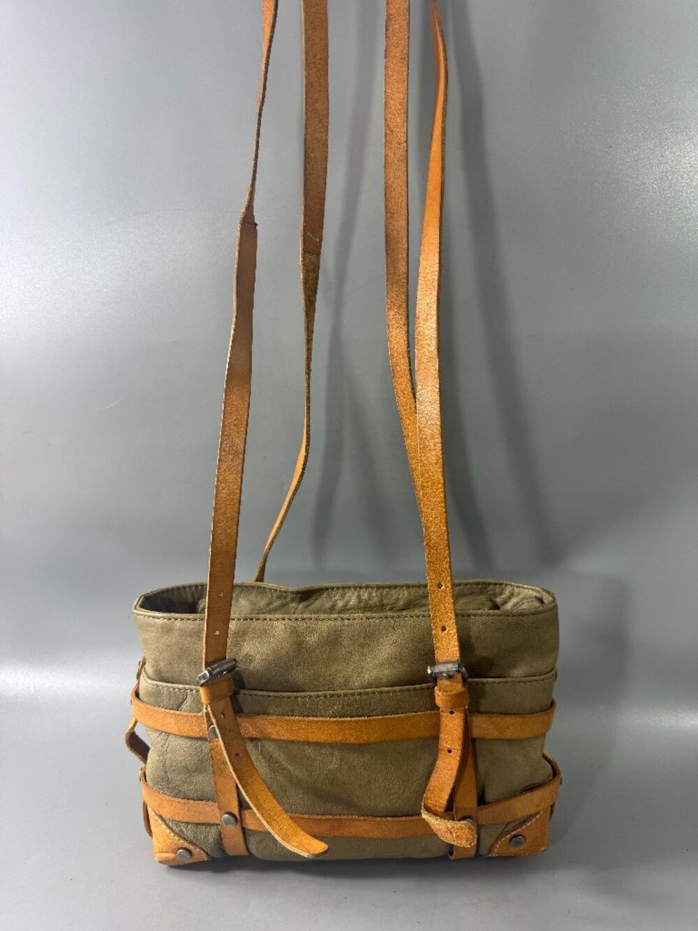 Free People Olive Green Messenger Bag with Tan Straps